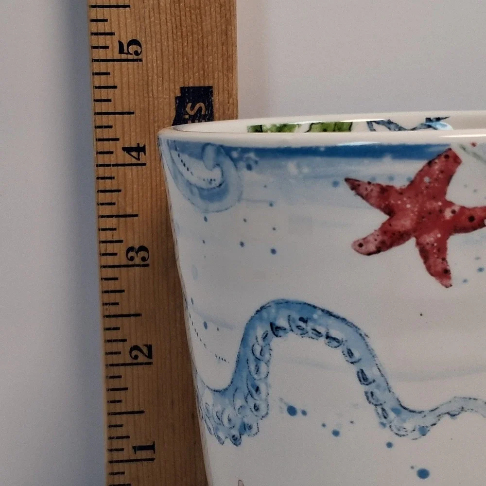 Pier 1 Sea Life Ironstone Mug Seahorse Octopus Crab Watercolor Nautical MINT